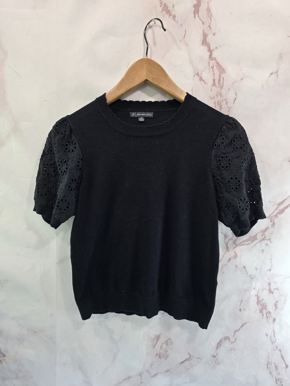 Adrianna Papell Top Women XS Black Skin Short Puff Sleeve Sweater Eyelet Crew